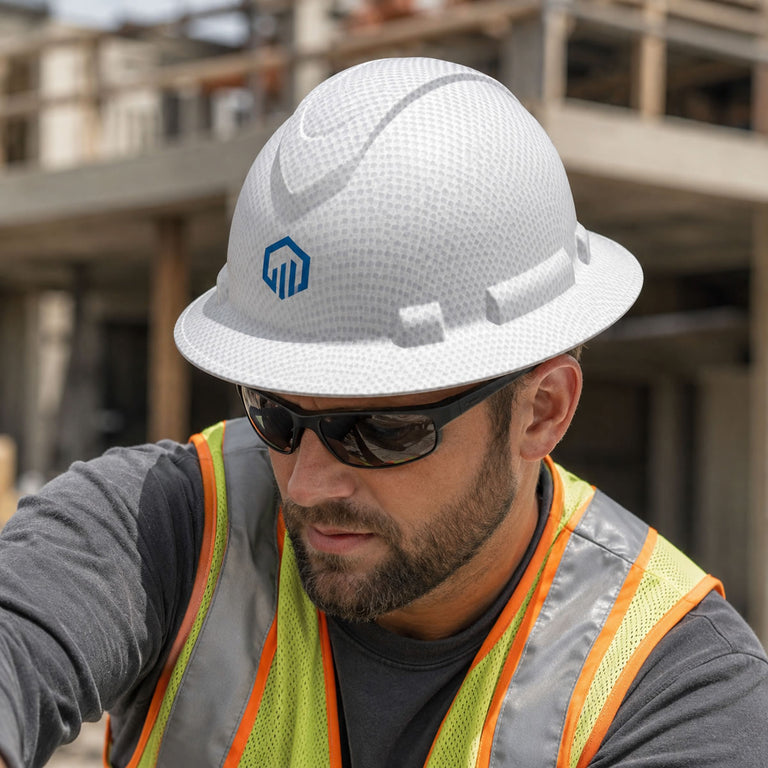 Custom Pyramex Ridgeline Full Brim Hard Hat, 4-Point Ratchet Suspension, Matte White Graphite