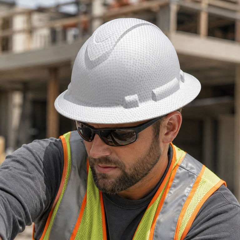 Pyramex Ridgeline Full Brim Hard Hat 4-Point Ratchet Suspension, HP54116, Matte-White Graphite