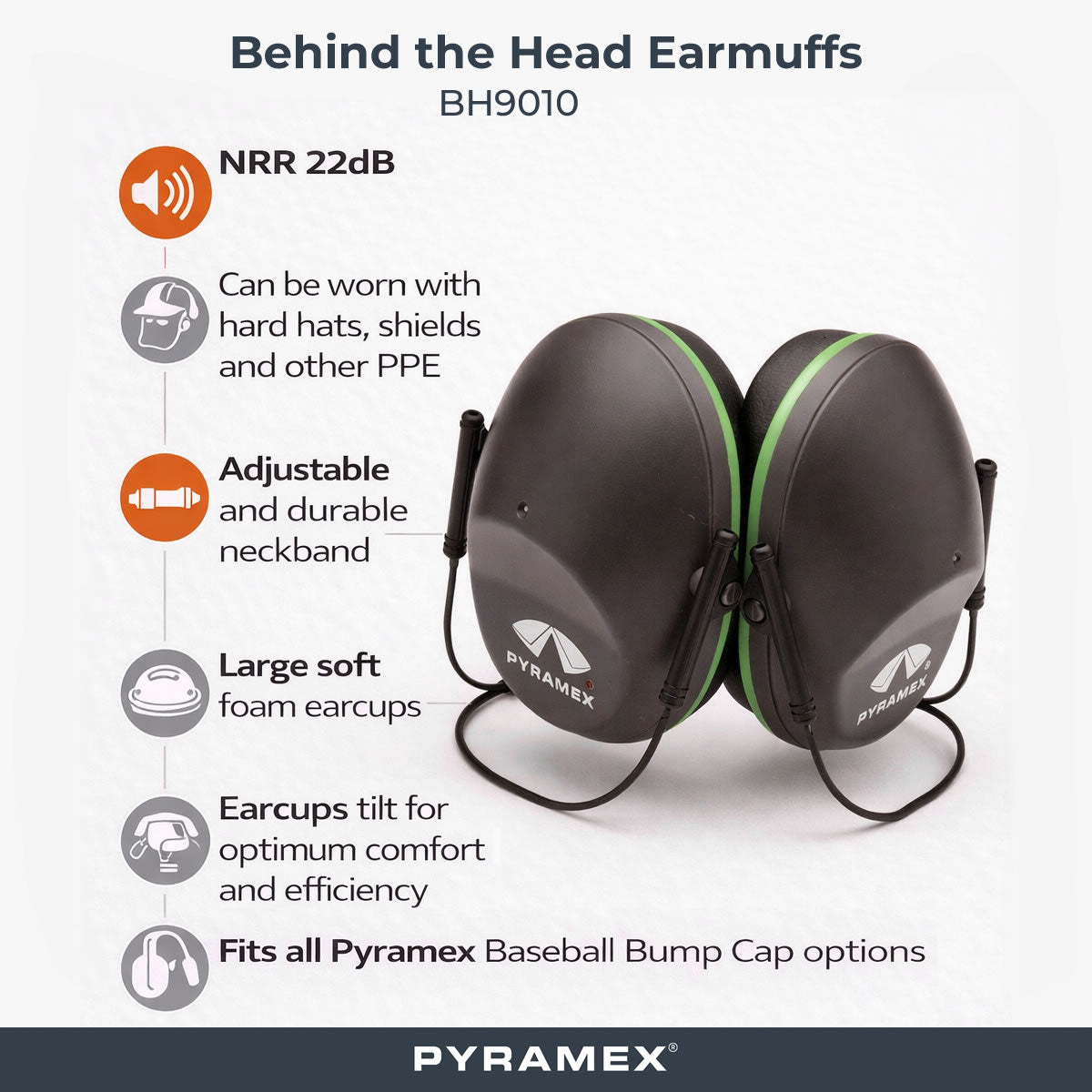 Pyramex Behind the Head Earmuffs, NRR 22dB, BH9010, Black