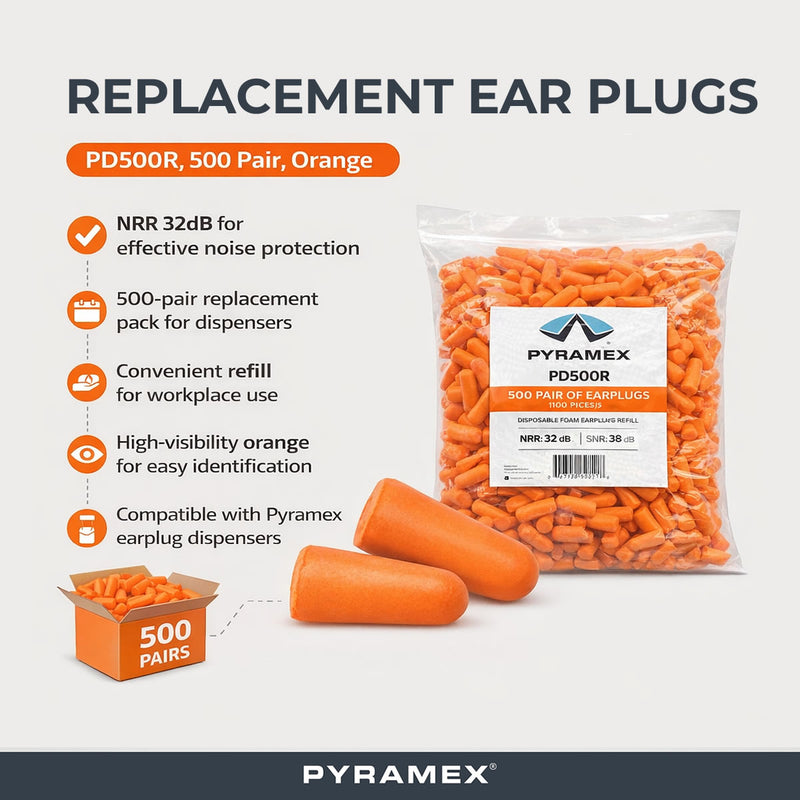 Pyramex Replacement Ear Plugs, PD500R, 500 Pair, Orange