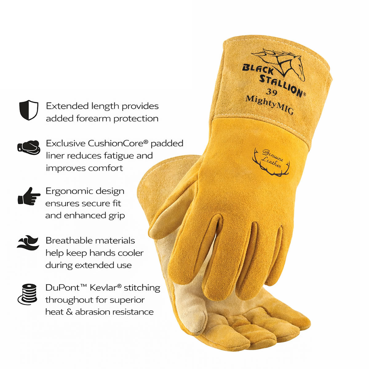 Black Stallion MightyMIG Premium Deerskin Welding Gloves, Natural