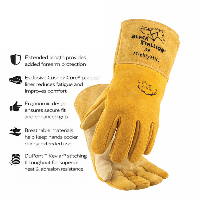 Black Stallion MightyMIG Premium Deerskin Welding Gloves, Natural