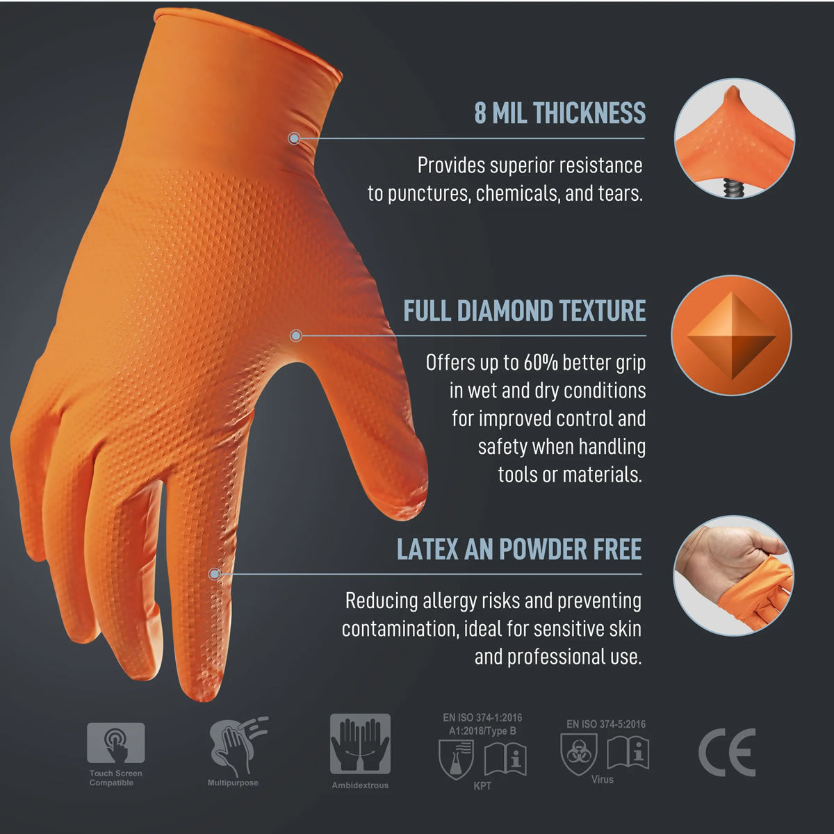 General Electric Disposable Nitrile Gloves GG622 - Orange - 8 mil - Box of 50 (S, M, L, XL)