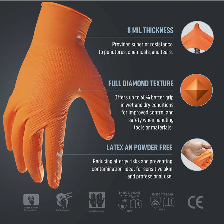 General Electric Disposable Nitrile Gloves GG622 - Orange - 8 mil - Box of 50 (S, M, L, XL)