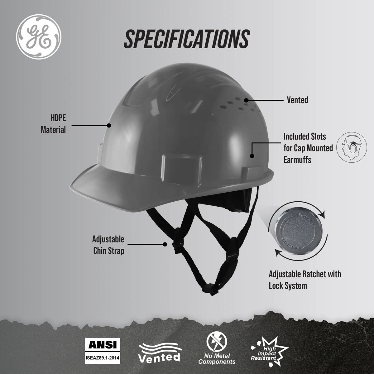 General Electric Vented Cap Style Hard Hat 4-Point Ratchet Suspension - GH326