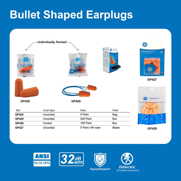 General Electric GP427 32 dB Polyurethane Foam Bullet Earplugs, Orange, 5 Pairs