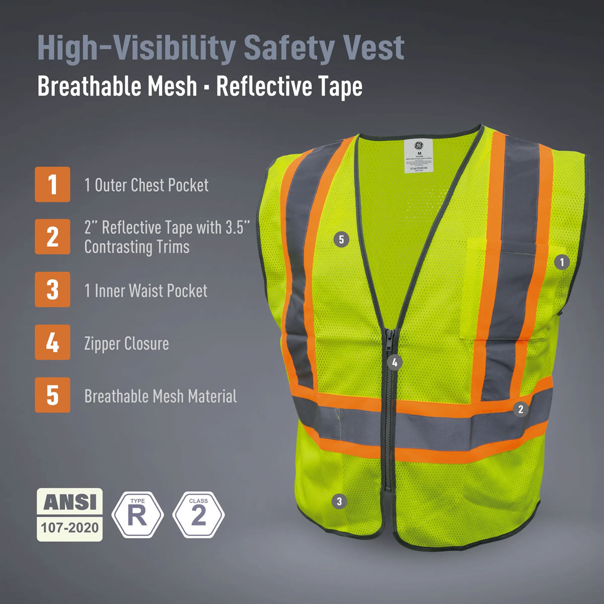 General Electric Type R Class 2 Hi-Vis Safety Vest with Contrasting Trim, GV078