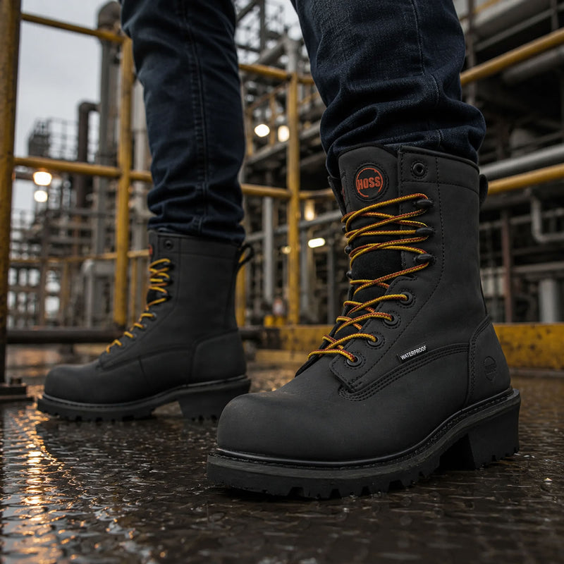 Hoss Men's Cross Cut 8" Loggers Waterproof EH Composite Toe Boots, 80114, Black, view 7 of 7