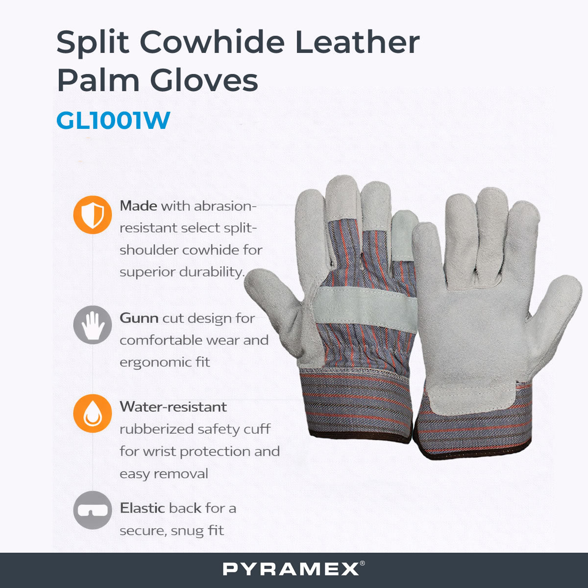 Pyramex Safety GL1001W Split Cowhide Leather Palm Gloves, Gray