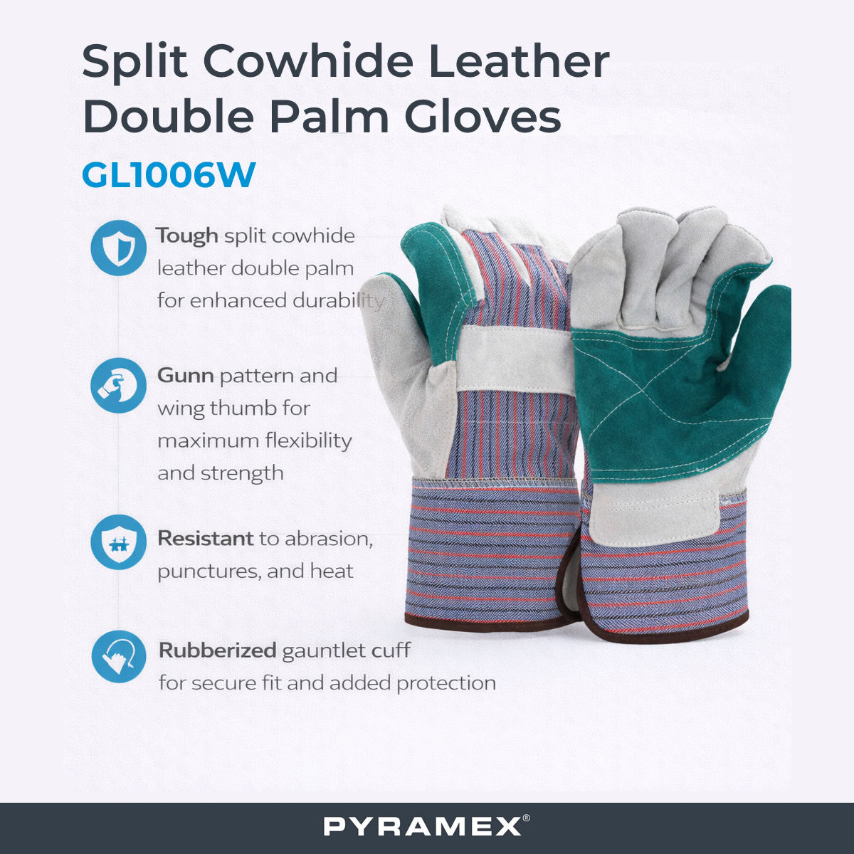 Pyramex Safety GL1006W Split Cowhide Leather Double Palm Gloves, Gray