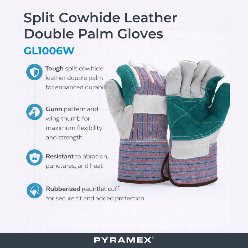 Pyramex Safety GL1006W Split Cowhide Leather Double Palm Gloves, Gray