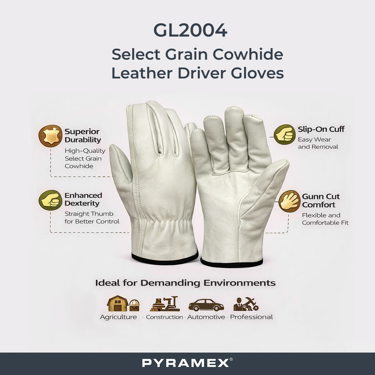 Pyramex GL2004 Select Grain Cowhide Leather Driver Gloves, Natural