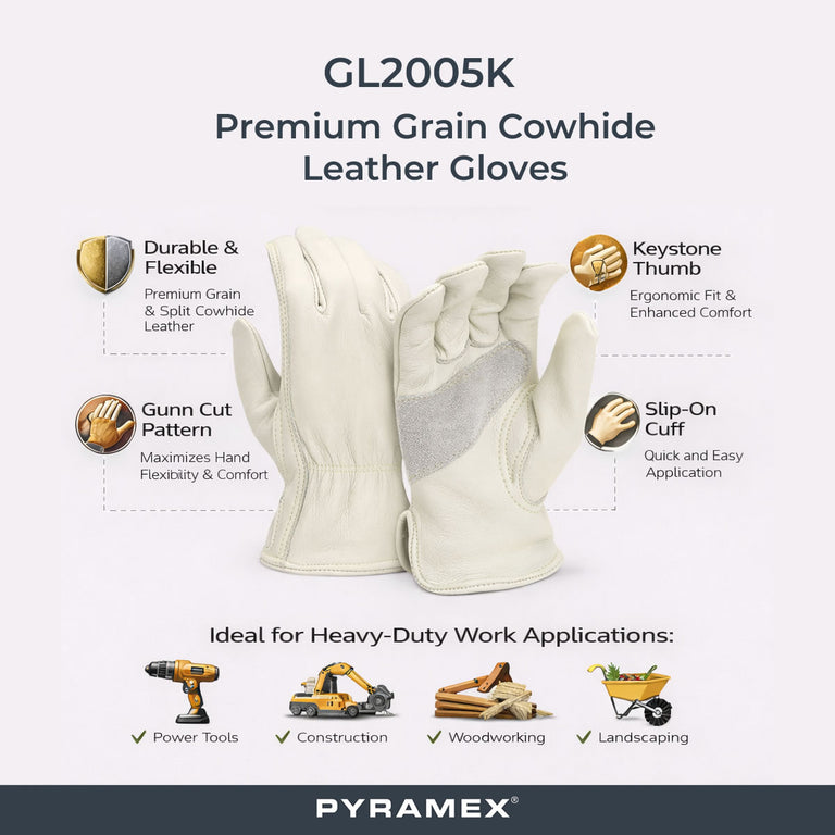 Pyramex GL2005K Premium Grain Cowhide Leather Driver Gloves, Natural