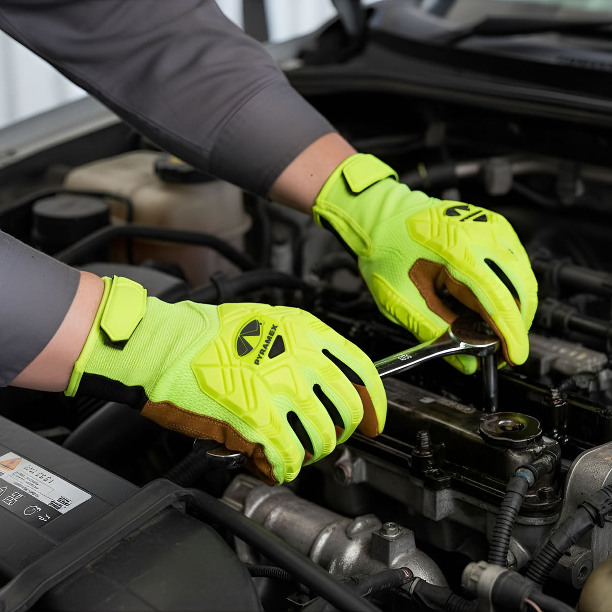Pyramex GL202HT Synthetic Leather Palm Level 1 Impact Gloves, Hi-Vis Green