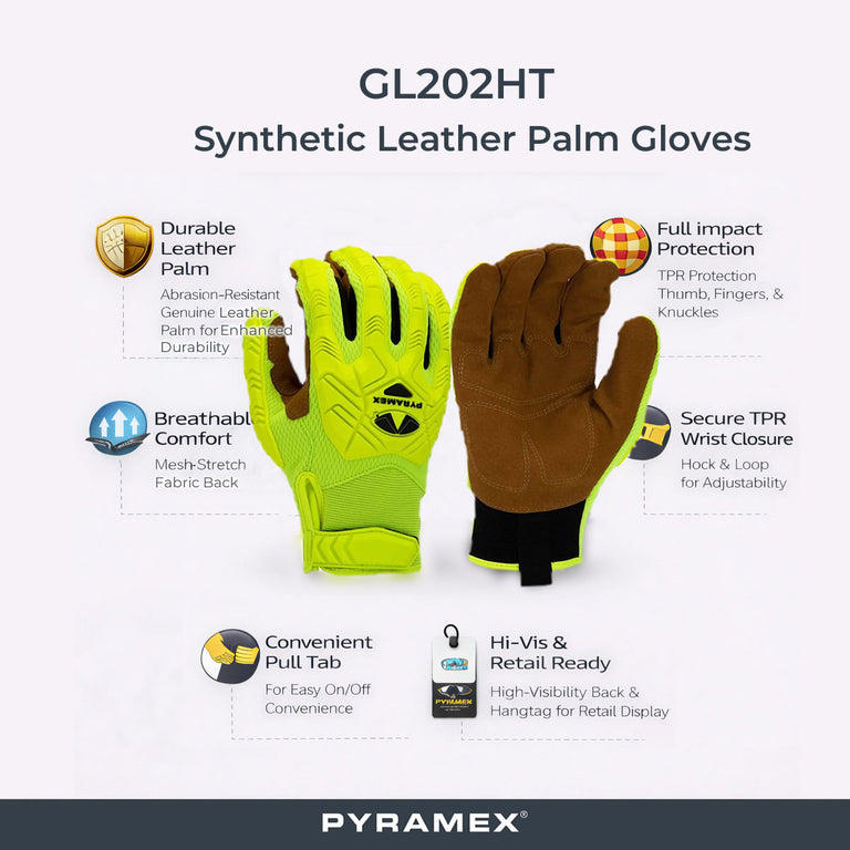 Pyramex GL202HT Synthetic Leather Palm Level 1 Impact Gloves, Hi-Vis Green