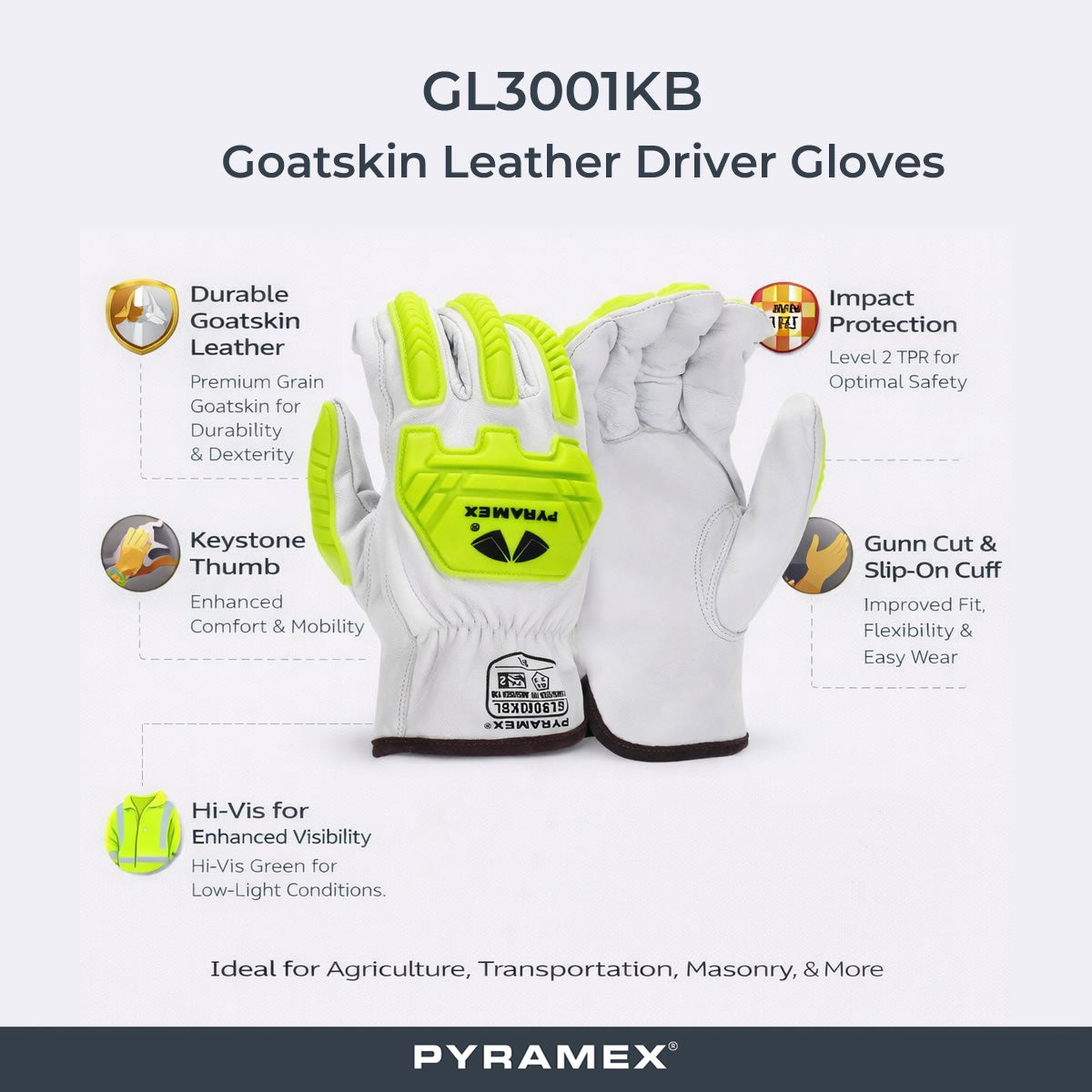 Pyramex GL3001KB Select Grain Goatskin Leather Driver Level 2 Impact Gloves, Hi-Vis Green