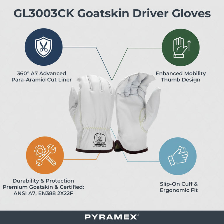 Pyramex GL3003CK Premium Grain Goatskin Leather Driver Para-Aramid A7 Cut Gloves, White