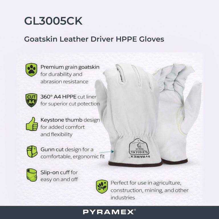 Pyramex GL3005CK Premium Grain Goatskin Leather Driver HPPE A4 Cut Gloves, White