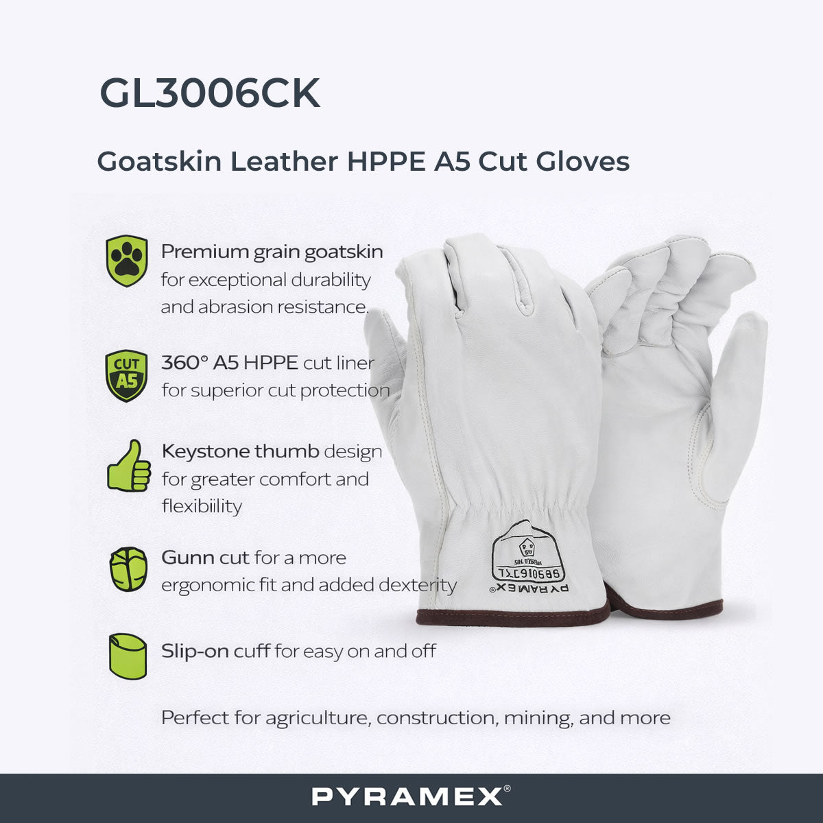 Pyramex GL3006CK Premium Grain Goatskin Leather Driver HPPE A5 Cut Gloves, White
