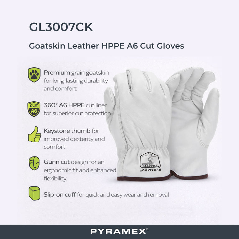 Pyramex GL3007CK Premium Grain Goatskin Leather Driver HPPE A6 Cut Gloves, White