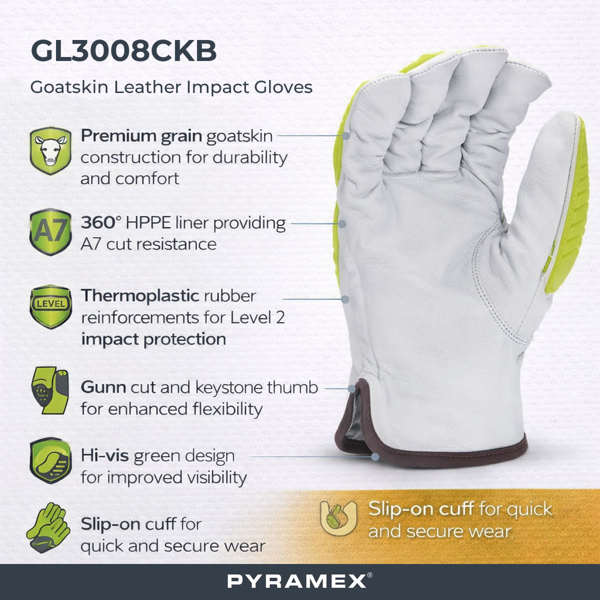 Pyramex GL3008CKB Premium Grain Goatskin Hi-Vis Leather Driver HPPE A7 Cut Level 2 Impact Gloves, Hi-Vis Green