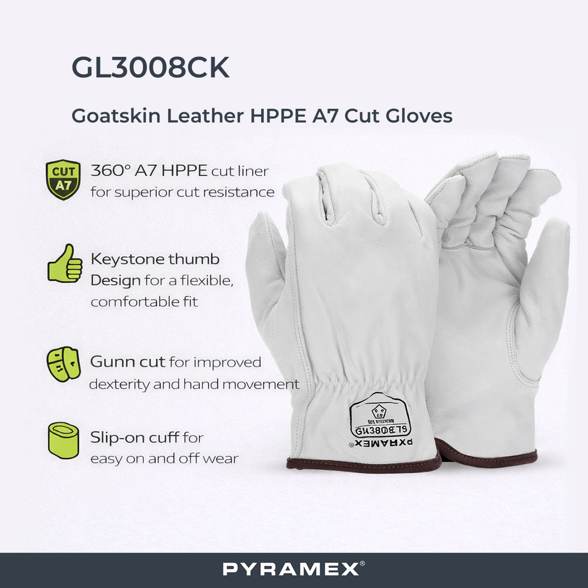 Pyramex GL3008CK Premium Grain Goatskin Leather Driver HPPE A7 Cut Gloves, White