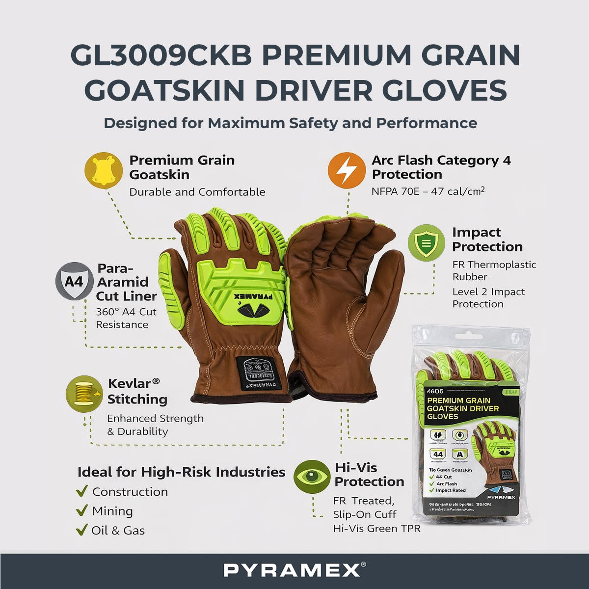 Pyramex GL3009CKB Premium Grain Goatskin Leather Driver Para-Aramid A4 Cut Level 2 Impact Gloves, Hi-Vis Green