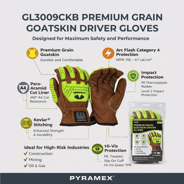 Pyramex GL3009CKB Premium Grain Goatskin Leather Driver Para-Aramid A4 Cut Level 2 Impact Gloves, Hi-Vis Green