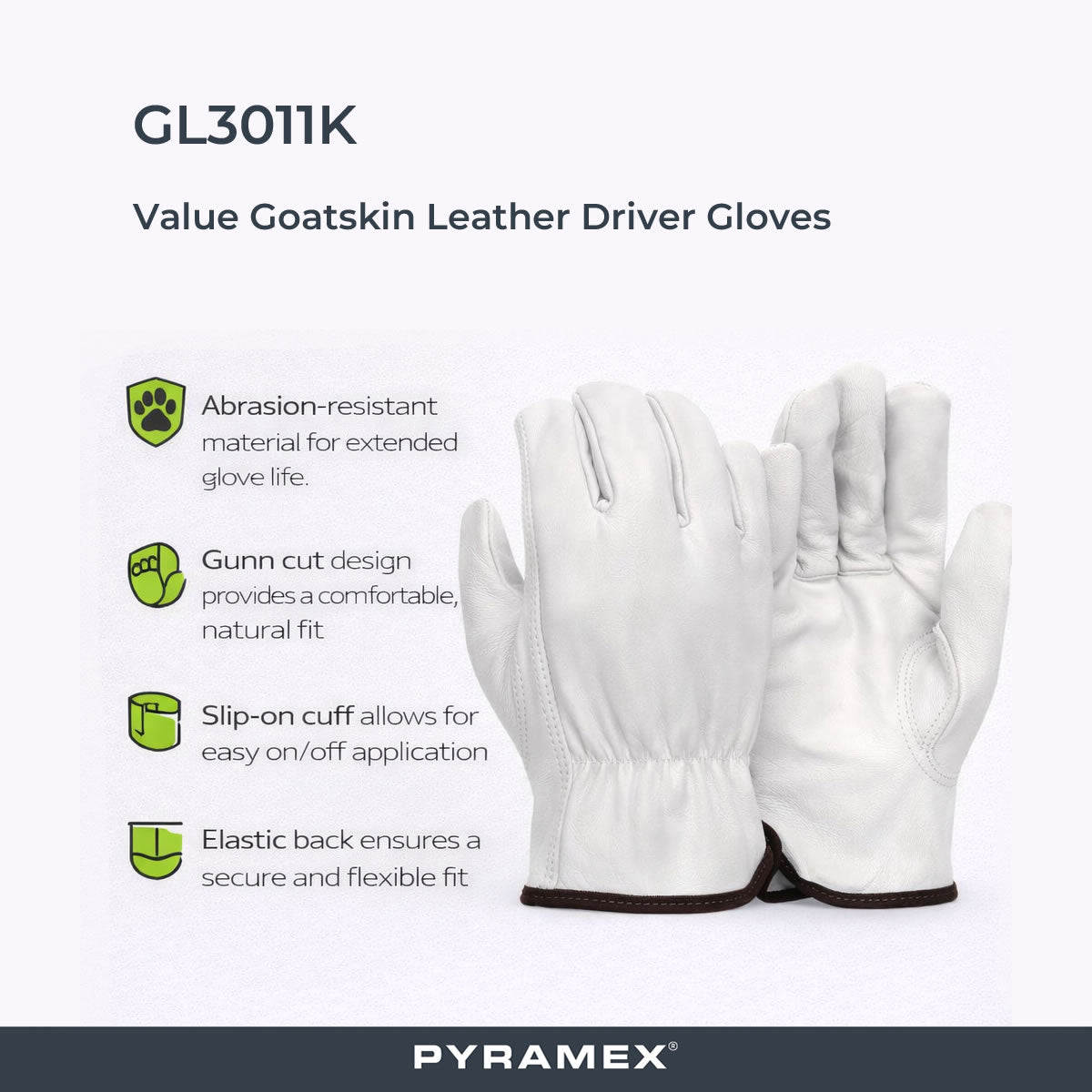 Pyramex GL3011K Value Goatskin Leather Driver Gloves, White