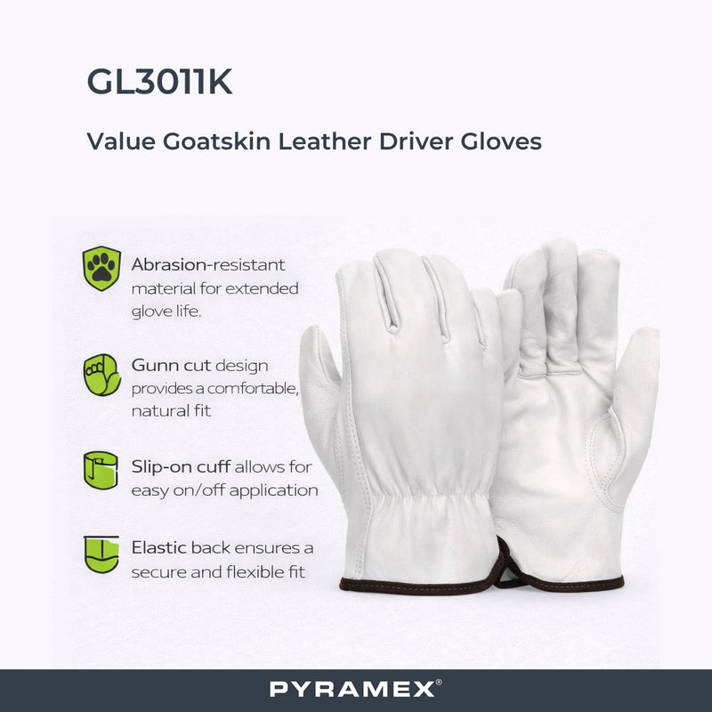 Pyramex GL3011K Value Goatskin Leather Driver Gloves, White