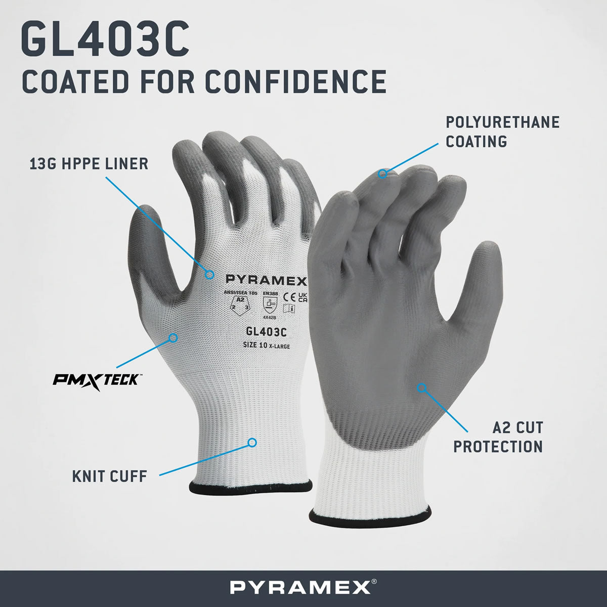 Pyramex GL403C A2 Cut Polyurethane Dipped Gloves, Gray