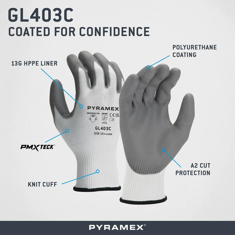 Pyramex GL403C A2 Cut Polyurethane Dipped Gloves, Gray