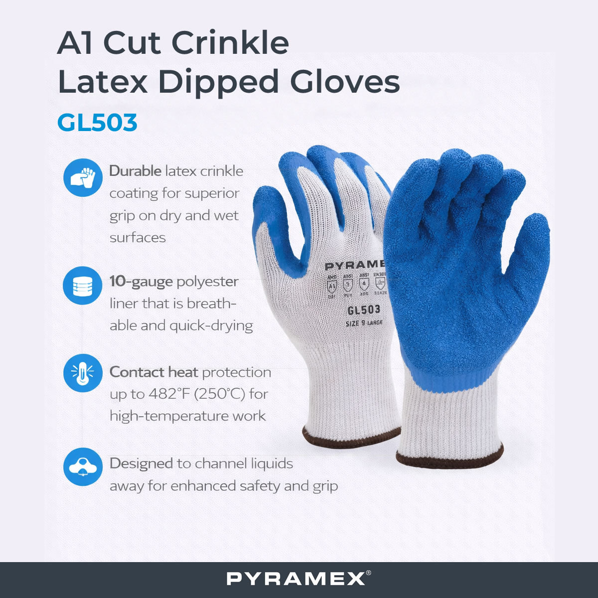 Pyramex Safety GL503 A1 Cut Crinkle Latex Dipped Gloves, Gray