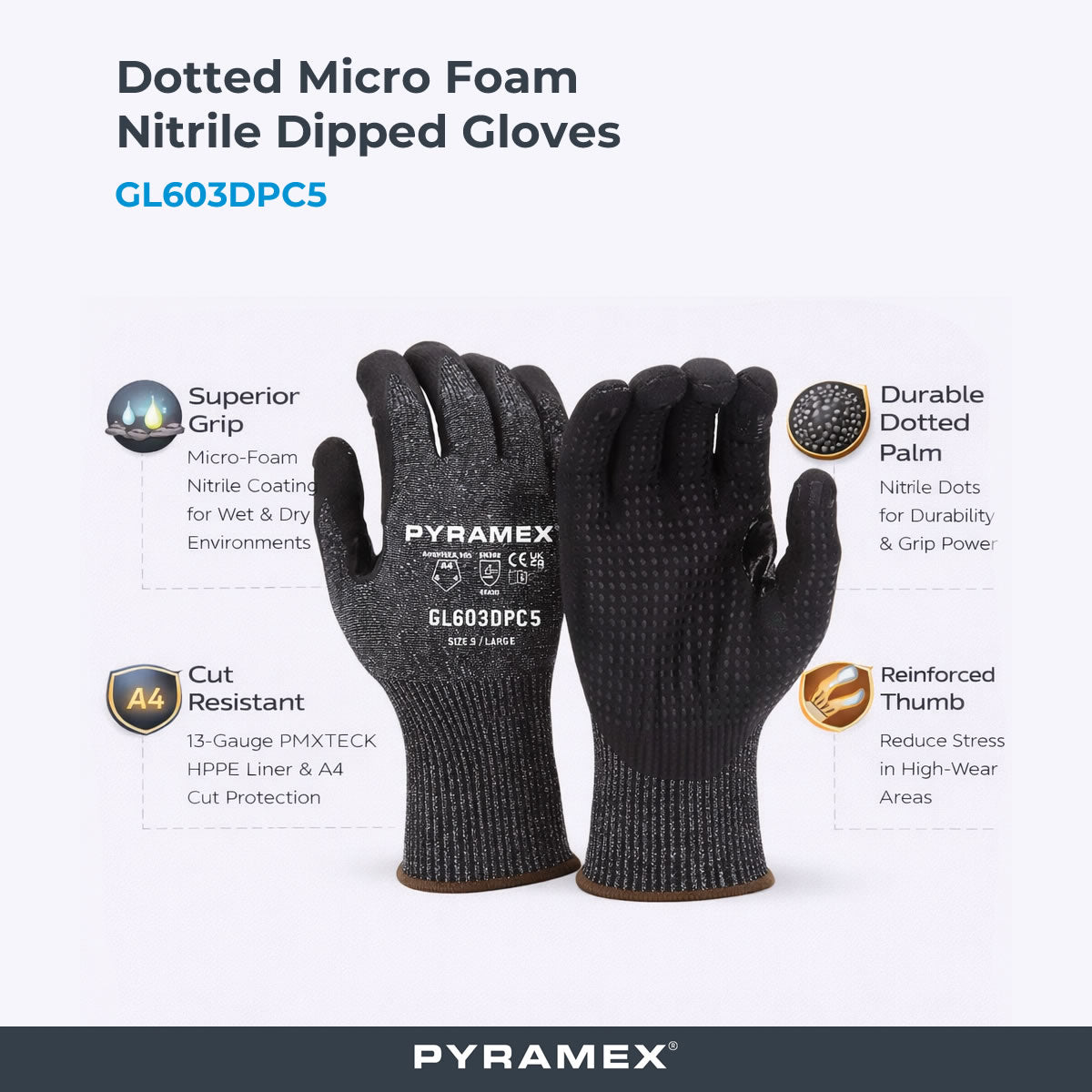 Pyramex GL603DPC5 A4 Cut Dotted Micro Foam Nitrile Dipped Gloves, Gray