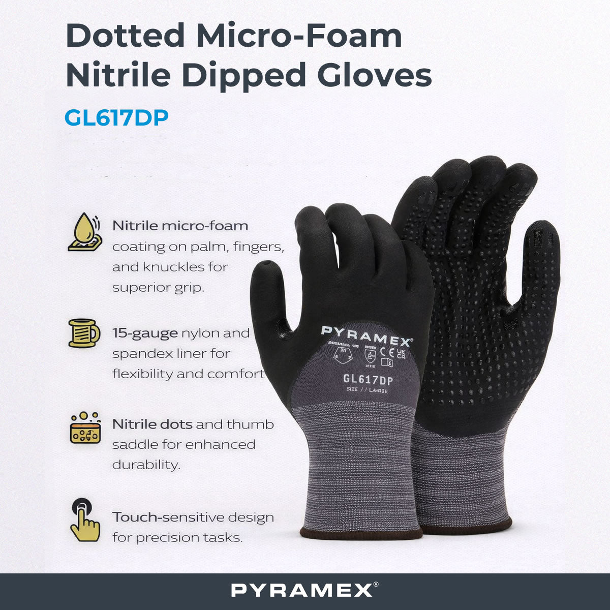 Pyramex GL617DP A1 Cut Dotted Micro Foam Nitrile Dipped Gloves, Gray