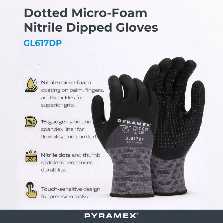 Pyramex GL617DP A1 Cut Dotted Micro Foam Nitrile Dipped Gloves, Gray