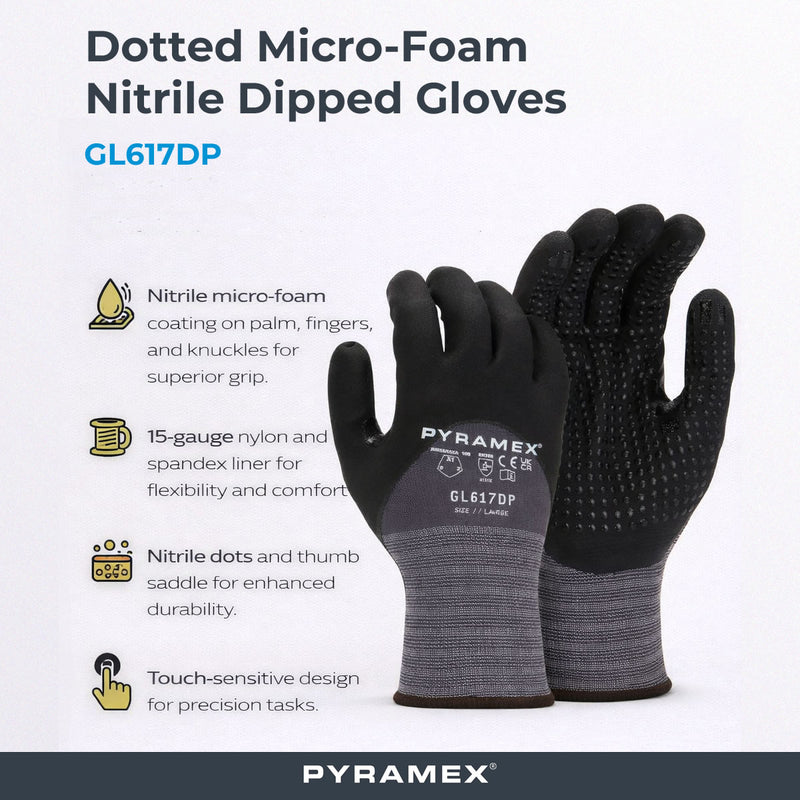 Pyramex GL617DP A1 Cut Dotted Micro Foam Nitrile Dipped Gloves, Gray