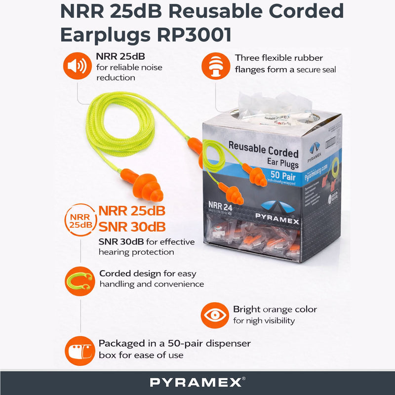 Pyramex RP3001 NRR 25dB Reusable Corded Earplugs, RP3001, 50 Pair, Orange