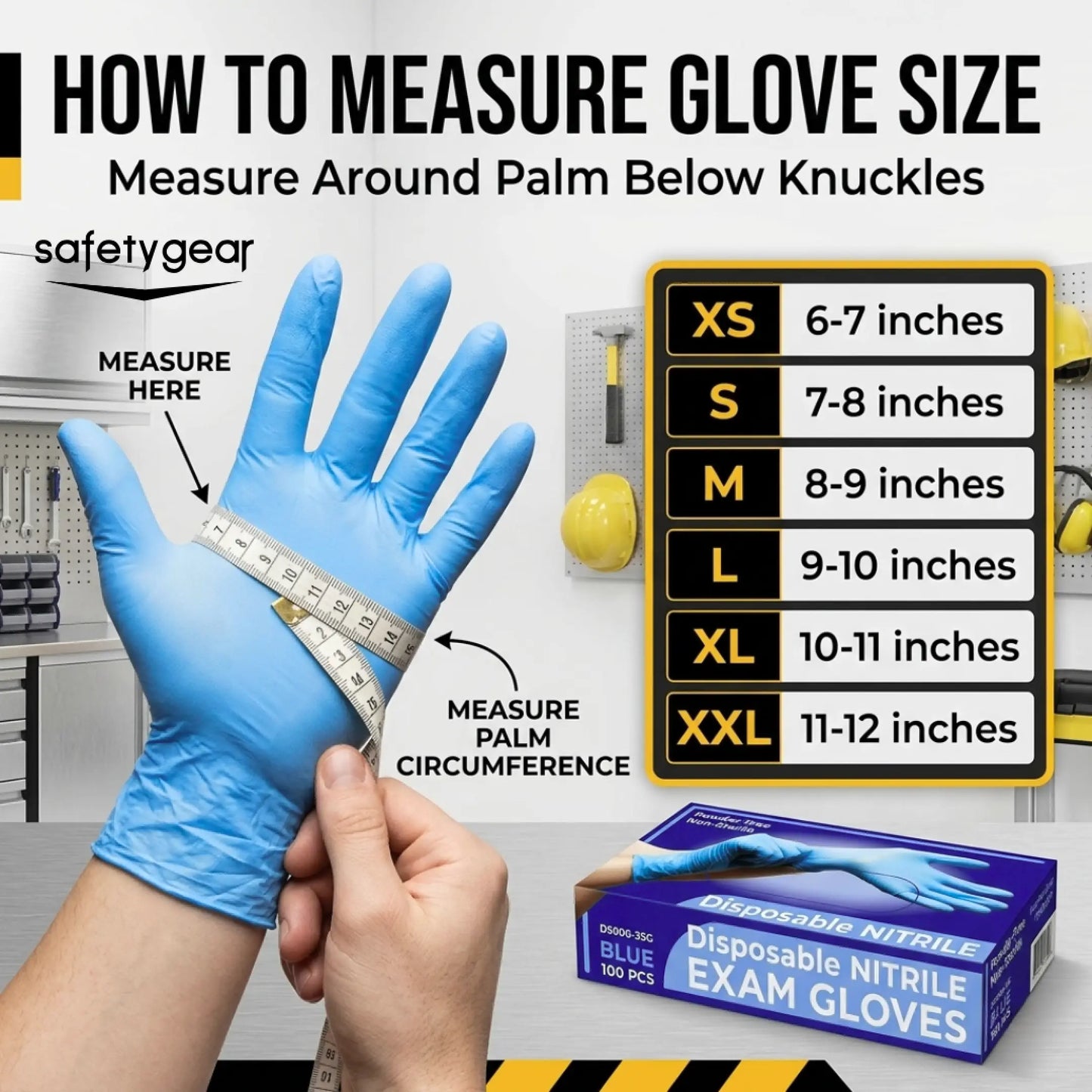 Guide on how to measure glove size with a blue glove and measurement chart.