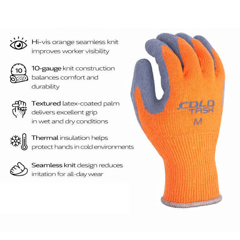 TASK CelsiHeit Hi-Vis Cold Weather Latex Coated Gloves, Orange, CF10030
