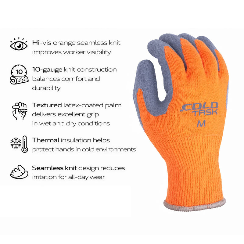 TASK CelsiHeit Hi-Vis Cold Weather Latex Coated Gloves, Orange, CF10030