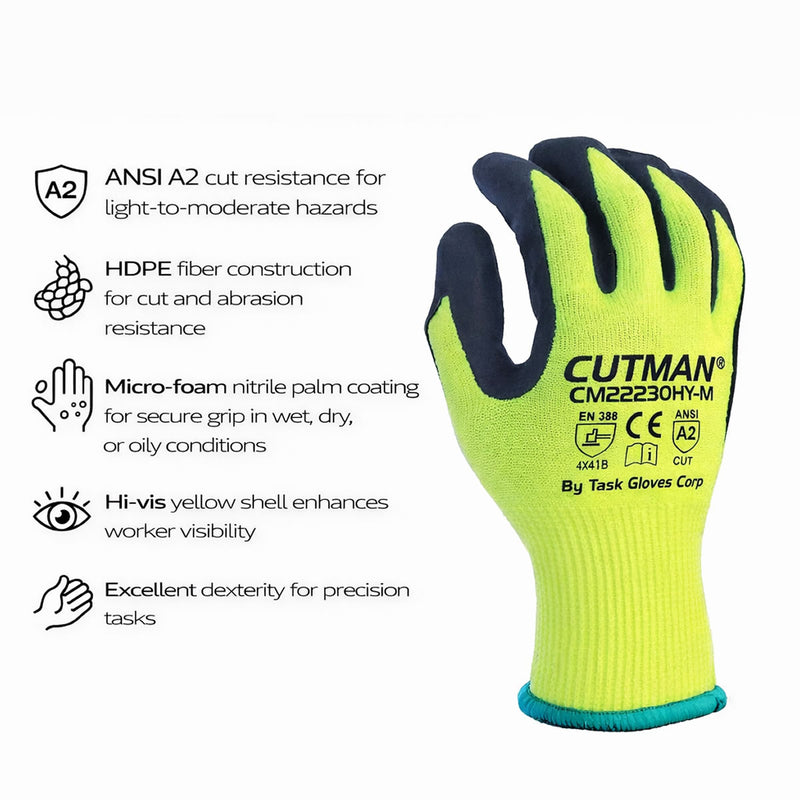 TASK CUTMAN 13G ANSI A2 Cut Resistant Micro-Foam Nitrile Coated Gloves, Yellow, CM22230HY