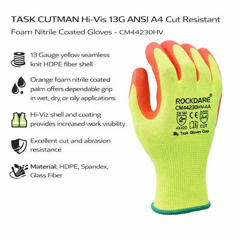 TASK CUTMAN Hi-Vis 13G ANSI A4 Cut Resistant Foam Nitrile Coated Gloves - CM44230HV - Single Pair