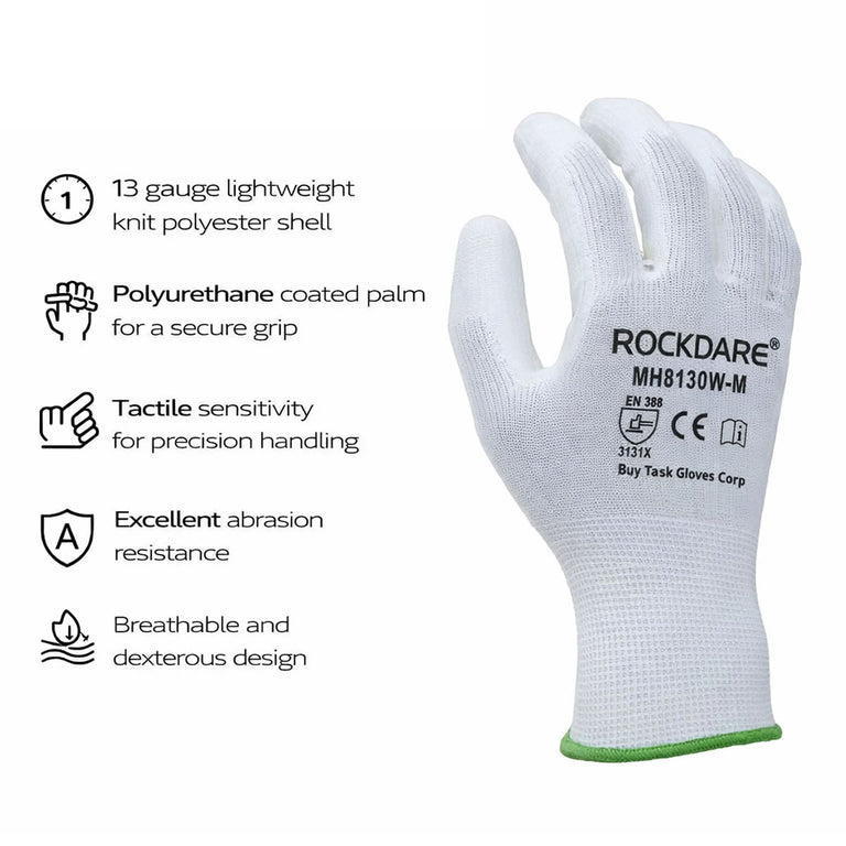 TASK 13G Polyurethane Coated Gloves, MH8130W, White