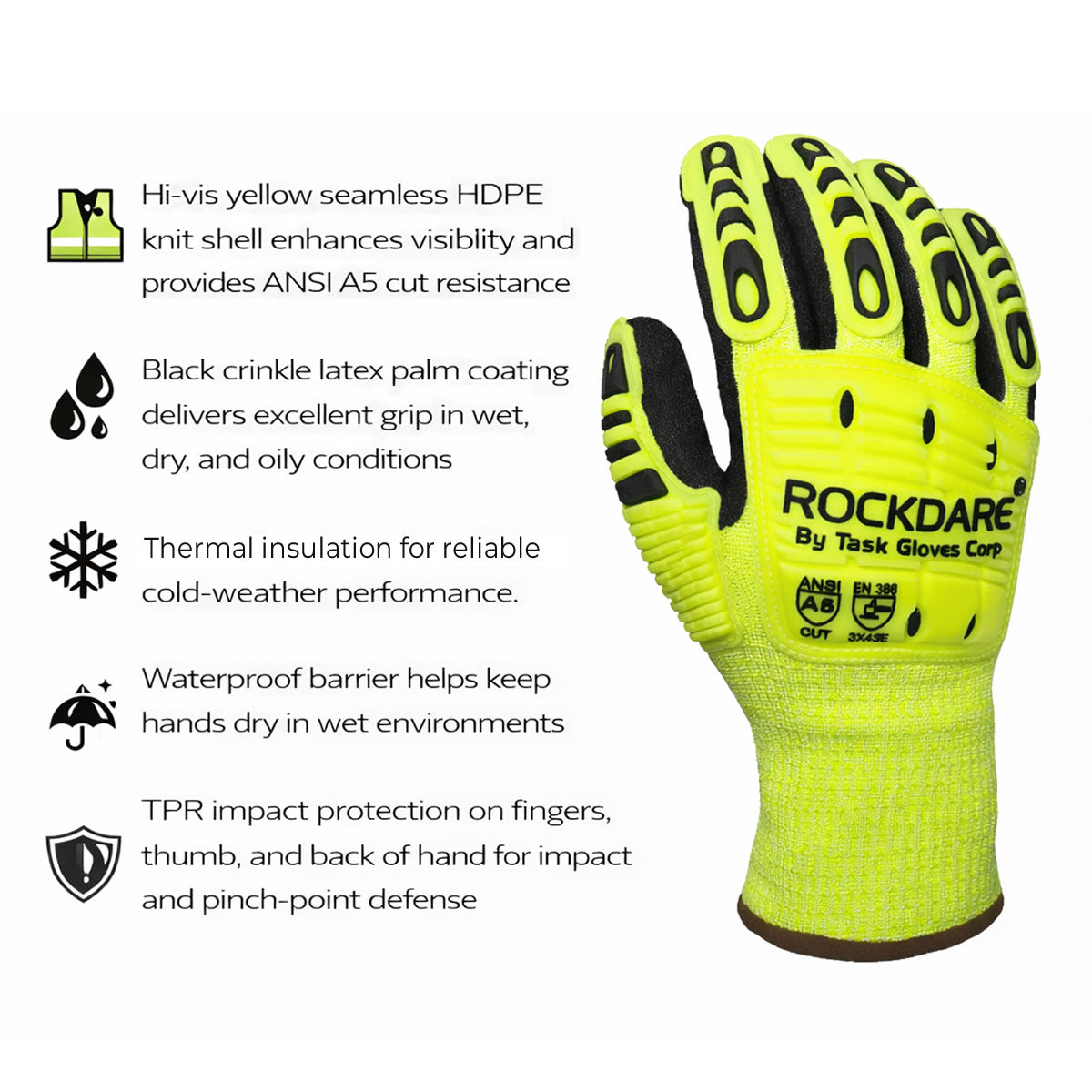 TASK ROCKDARE Hi-Vis ANSI A5 Cold Weather Latex Coated Waterproof Impact Gloves, Yellow, RD3000