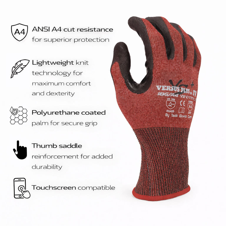 TASK Versus Plus 18G ANSI A4 Cut Resistant Polyurethane Coated Gloves (Touchscreen) - VSP47670TC - Single Pair