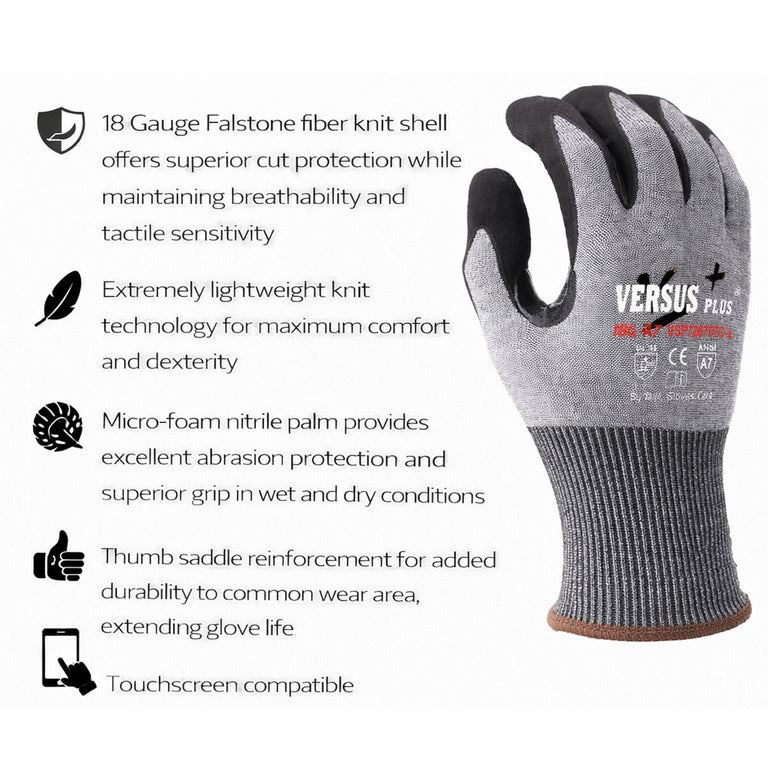 TASK Versus Plus 18G ANSI A7 Cut Resistant Micro-Foam Nitrile Coated Gloves, Gray - VSP72670TC