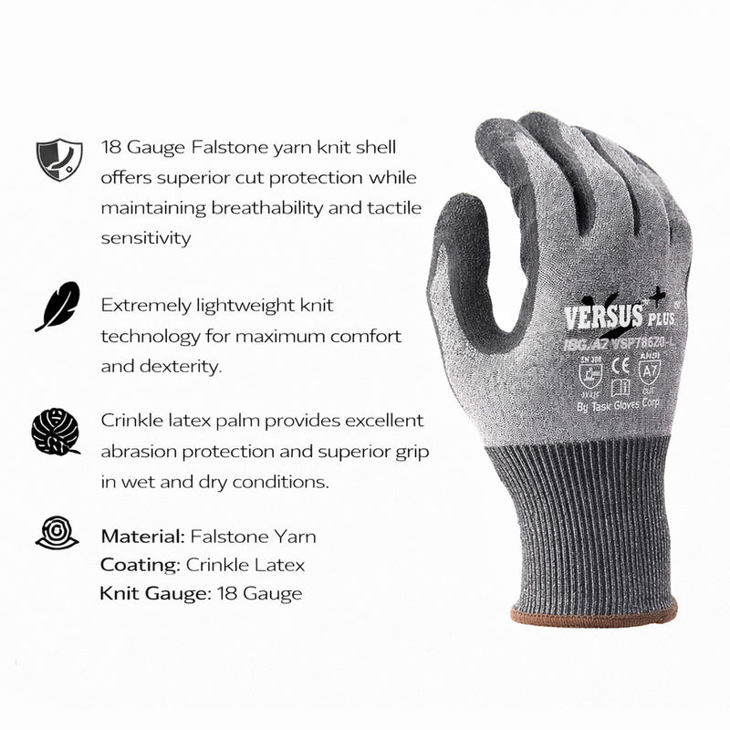TASK Versus Plus 18G ANSI A7 Cut Resistant Crinkle Latex Coated Gloves, Gray - VSP78670