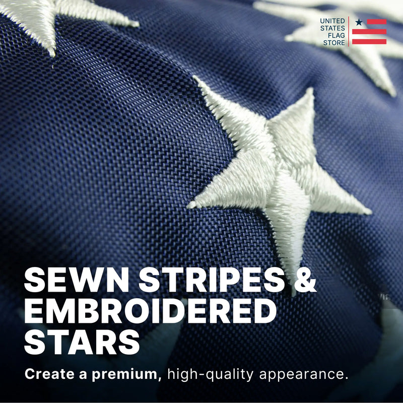 Close-up of an American flag with text highlighting sewn stripes and embroidered stars.