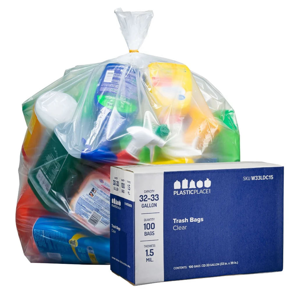 32-33 Gallon Trash Bags - Clear, 100 Bags - 1.5 Mil